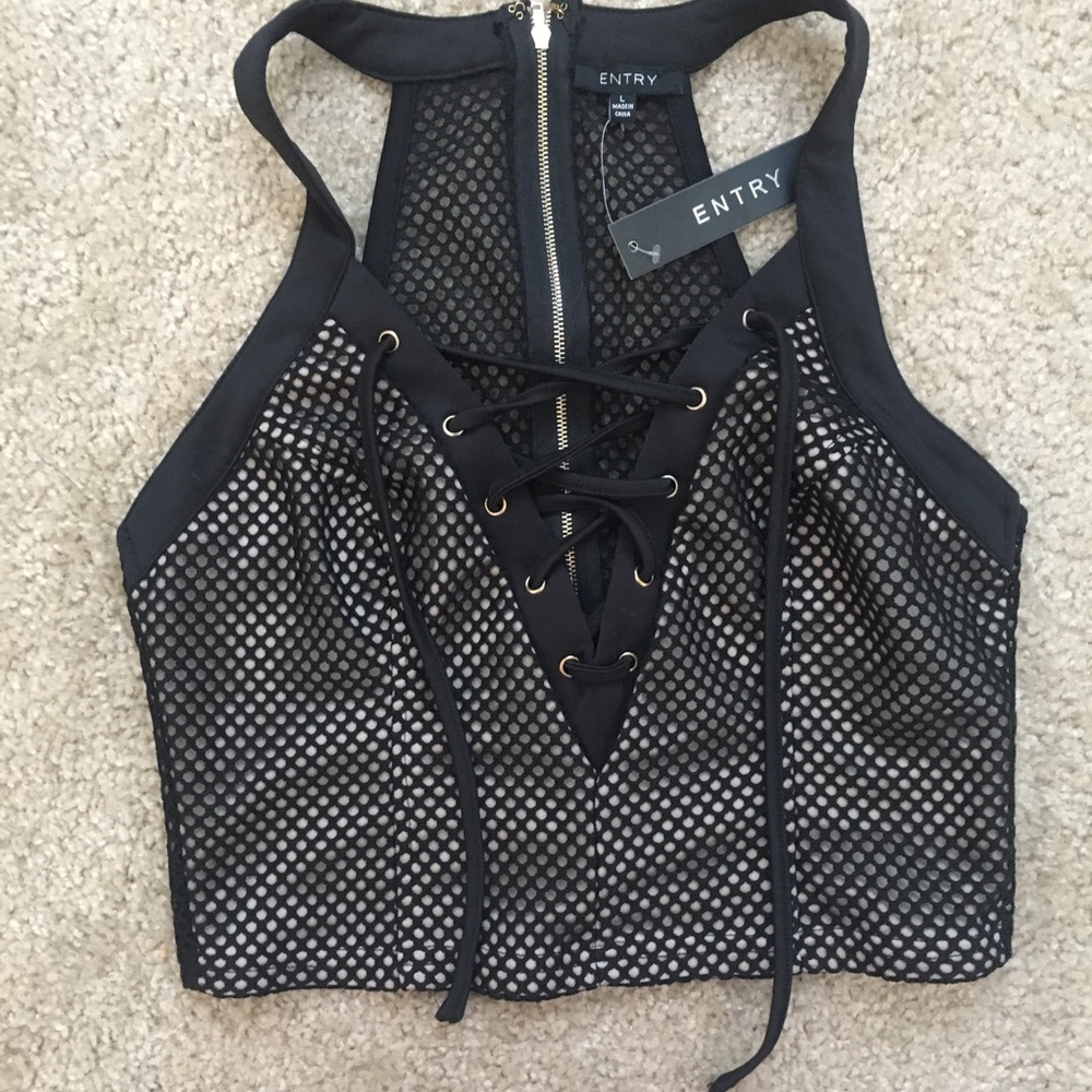 Fetish top, festival, rave by Entry wmesh inlay Lace crop top, super sexy, mesh